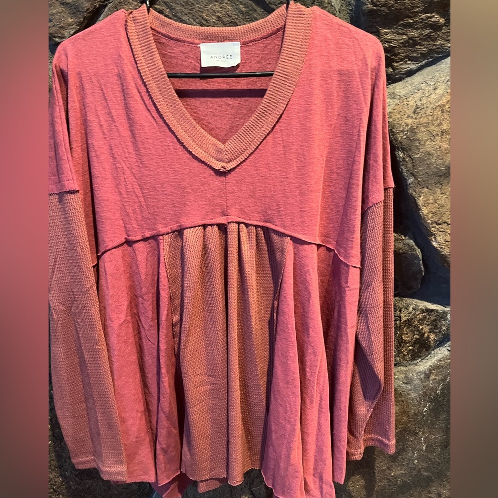 ANDREE BY UNIT Rose Mauve Mixed-Waffle V-Neck Tunic